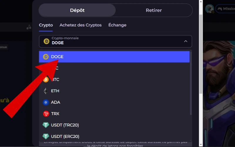dépôt avec dogecoin étape 3