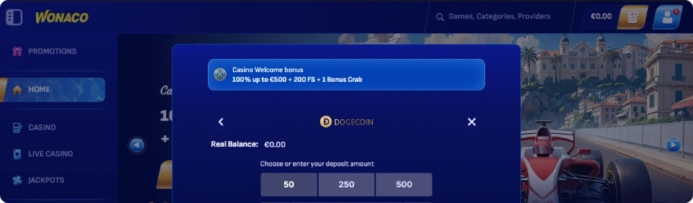 dépôt avec dogecoin sur wonaco