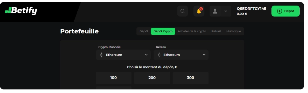 dépôt avec ethereum betify