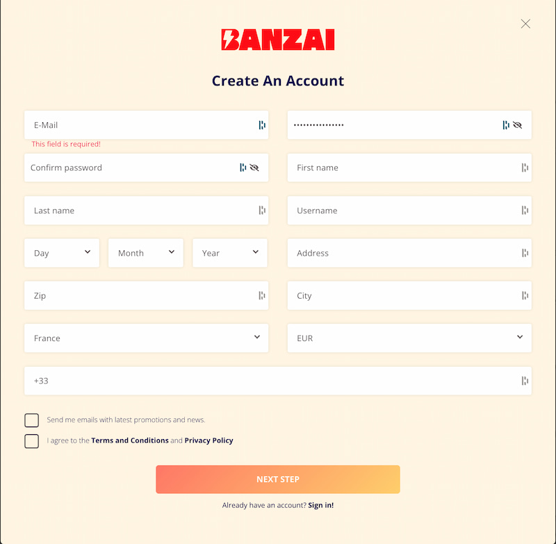 inscription banzai slots étape 2