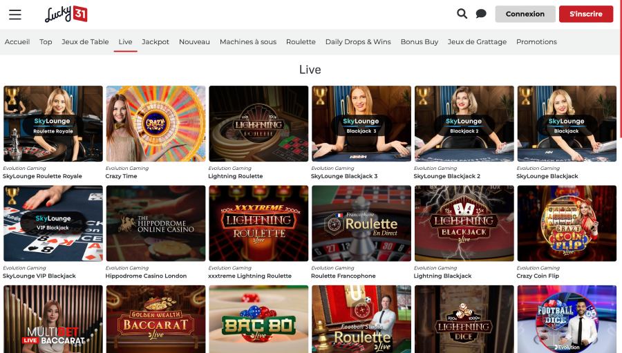 Capture d'écran des jeux de casino en direct sur Lucky 31