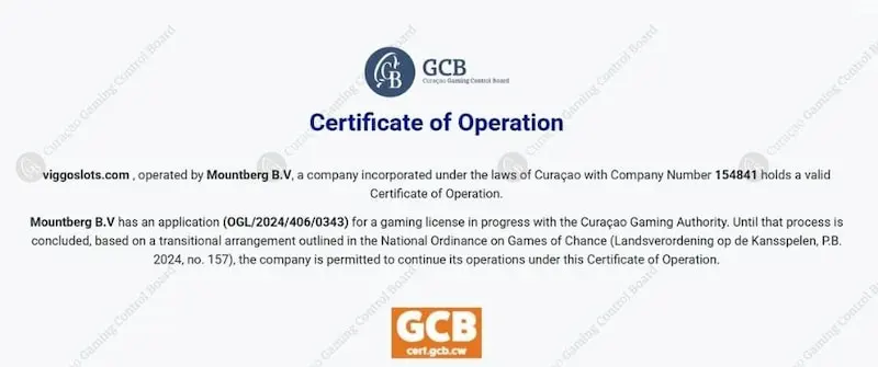Certificat d’opération délivré par la GCB