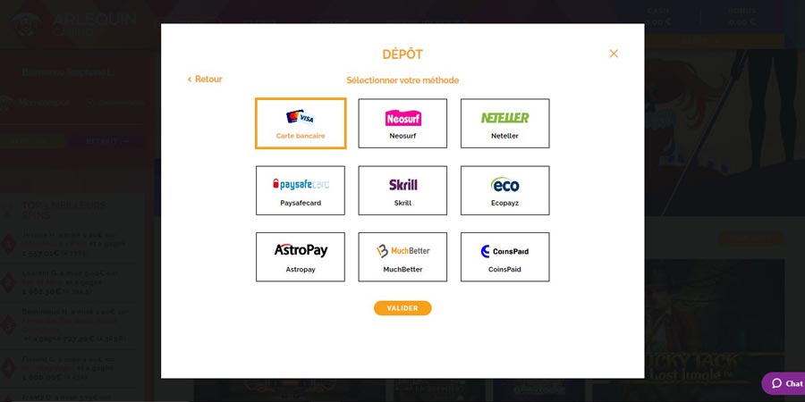moyens de dépôt sur Arlequin Casino