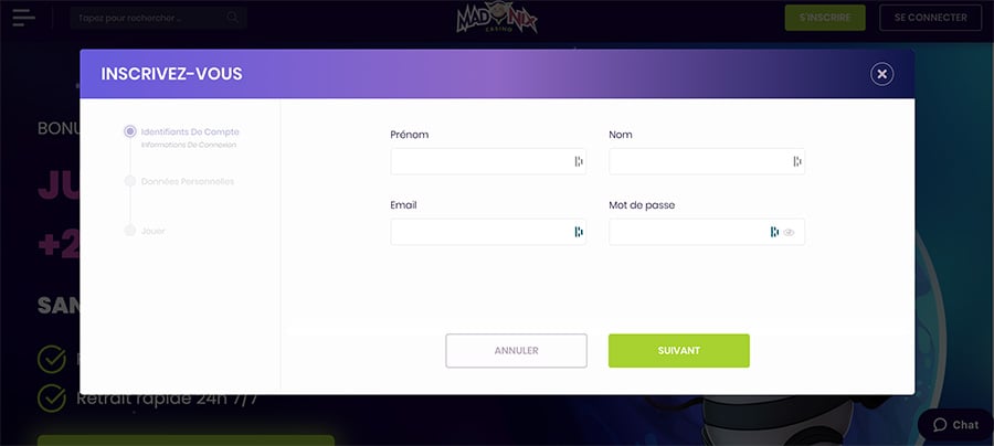 étape 3 inscription madnix casino
