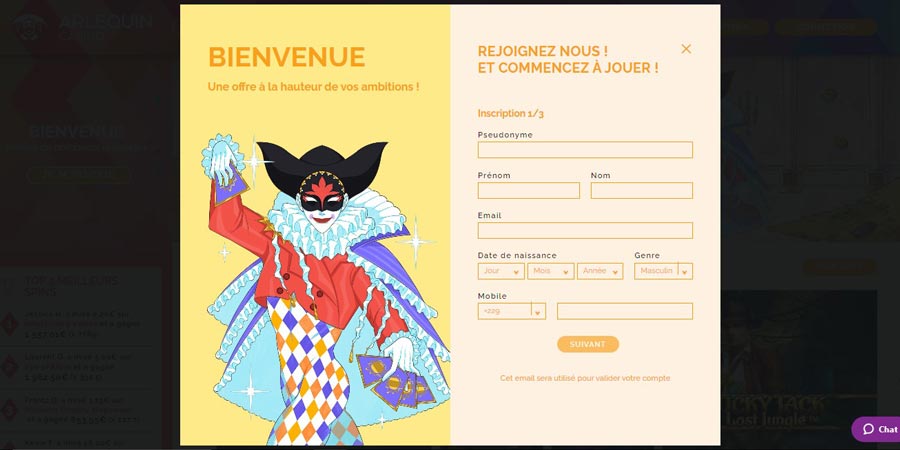 inscription arlequin casino étape 1