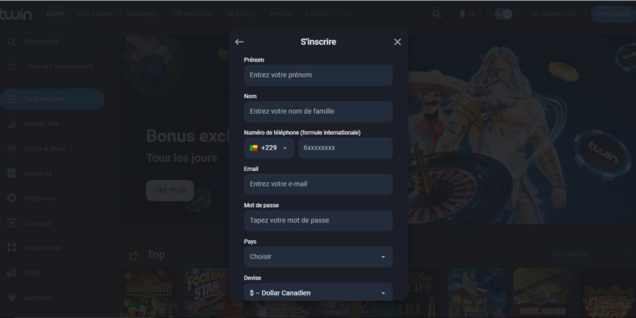 inscription sur twin casino est très simple et rapide