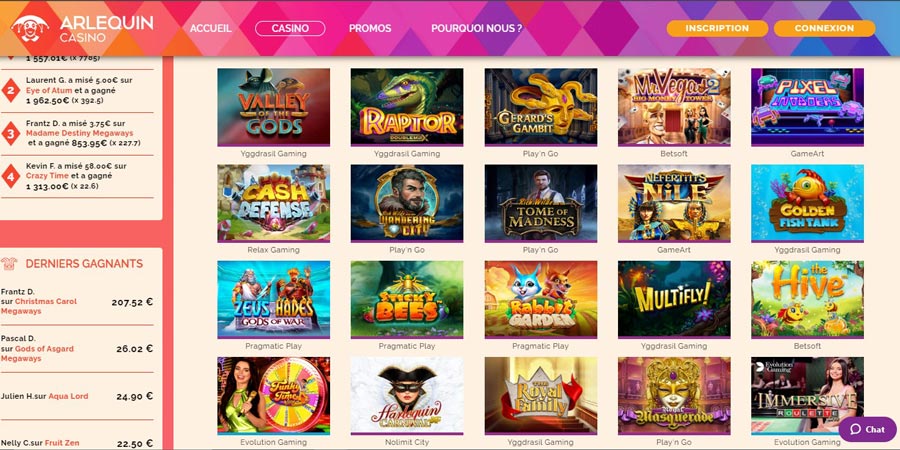 jeux disponibles sur Arlequin Casino