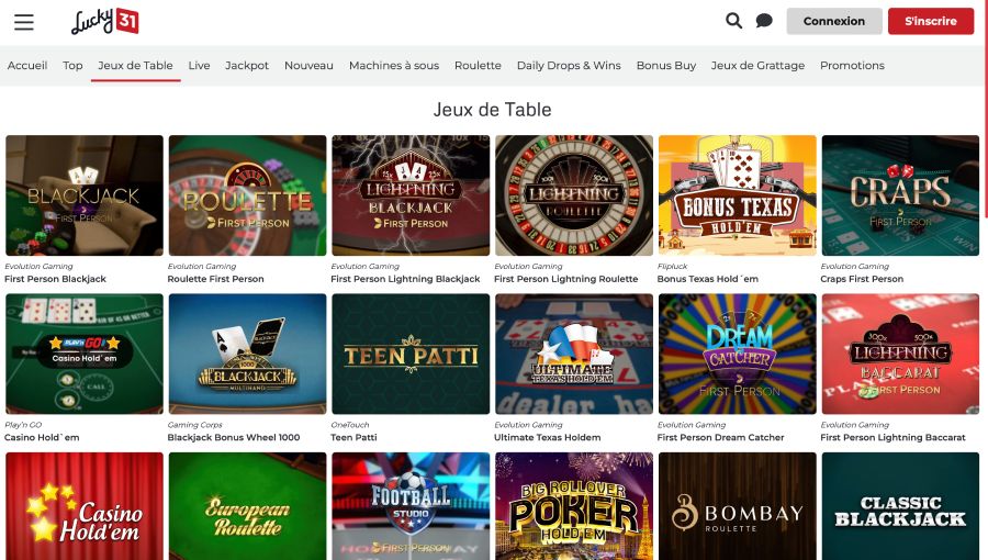Capture d'écran des jeux de table sur Lucky 31