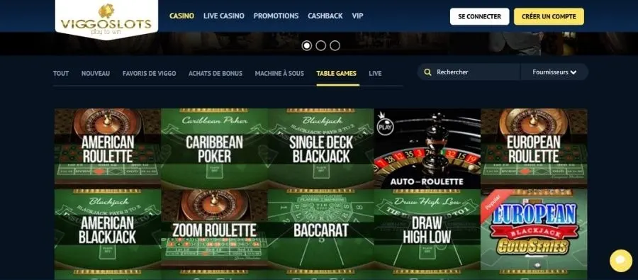 Les jeux de table disponibles sur Viggoslots