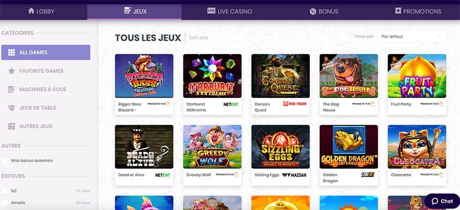jeux disponibles sur madnix casino