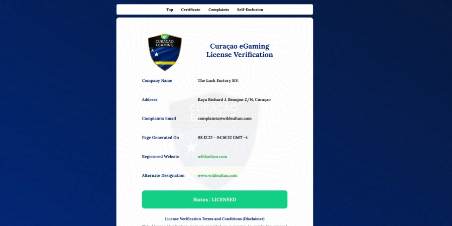 Capture d'écran licence curacao wildsultan