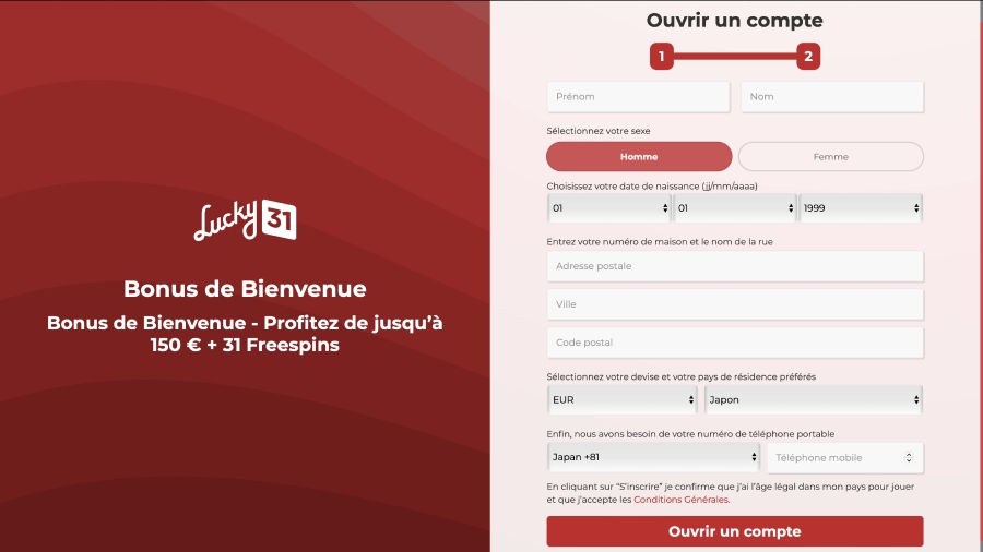 Capture d'écran formulaire d'inscription sur Lucky 31