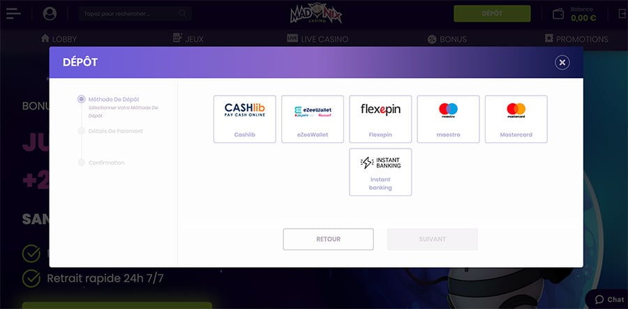 méthode de dépot sur madnix casino