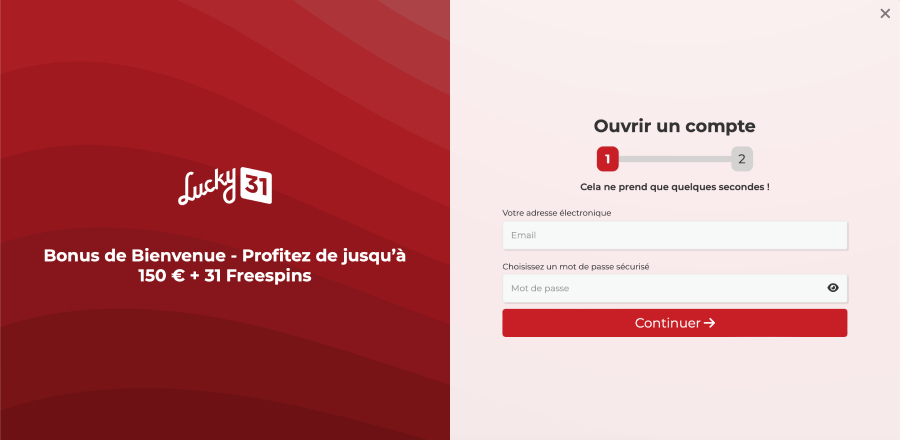 Capture d'écran de l'ouverture d'un compte sur Lucky 31
