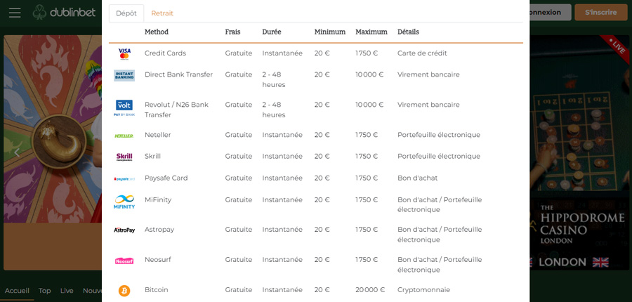 dublinbet casino les moyens de paiement