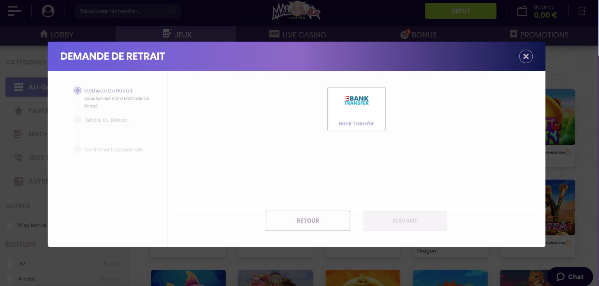 retrait d'argent sur Madnix