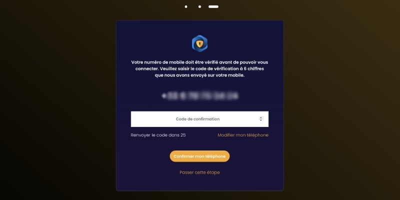 écran de validation de numéro de téléphone sur king chance casino