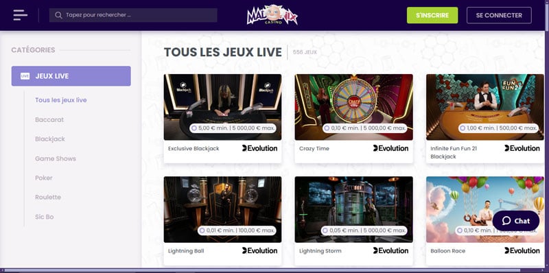 jeux en direct madnix casino