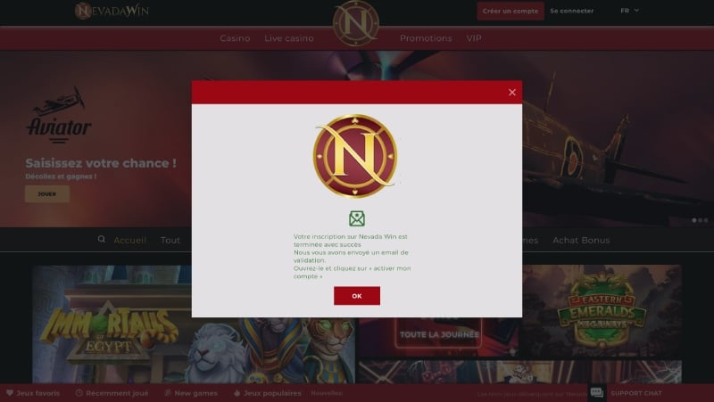 Capture d'écran finalisation inscription Nevada Win