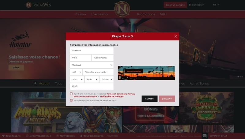 Capture d'écran formulaire d'inscription Nevada Win