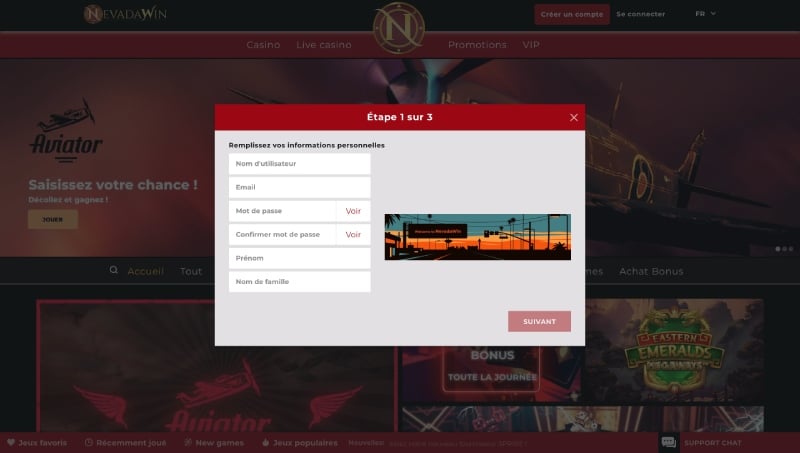 Capture d'écran inscription Nevada Win
