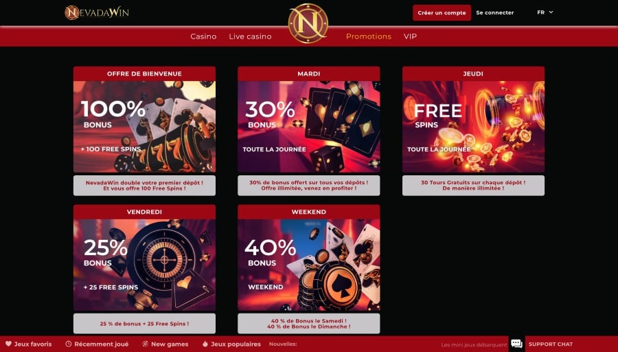 Capture d'écran des promotions sur Nevada Win