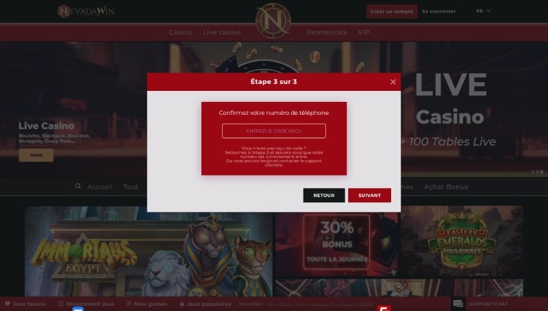 Capture d'écran confirmation de l'inscription sur Nevada Win