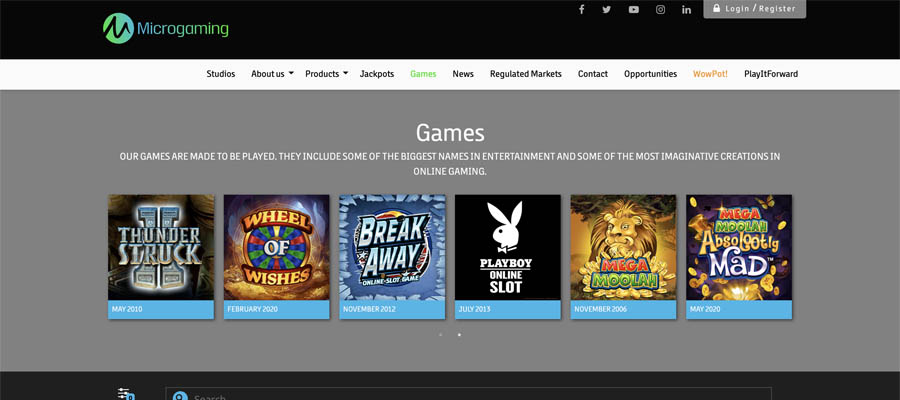 Capture d'écran de la page d'accueil de MicroGaming