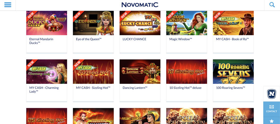 Capture d'écran page d'accueil Novomatic