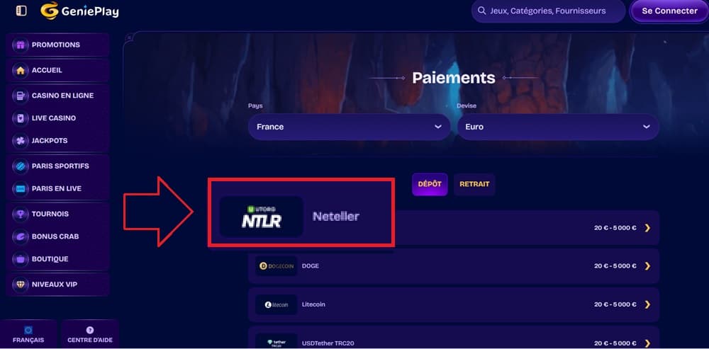 Dépôt sur GeniePlay avec Neteller