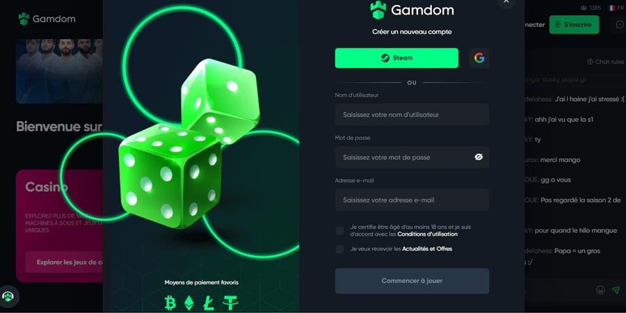 inscription gamdom casino étape 3