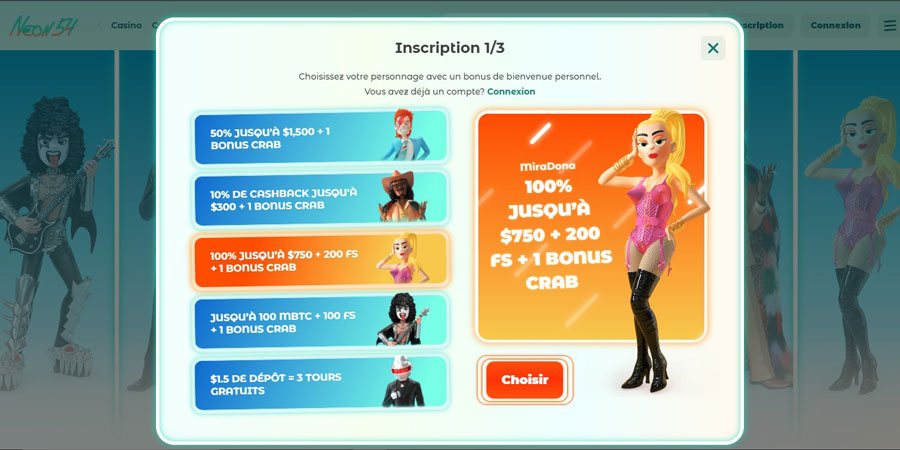 inscription étape 2 sur le casino Neon54