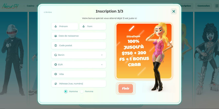 inscription étape 4 sur le casino Neon54