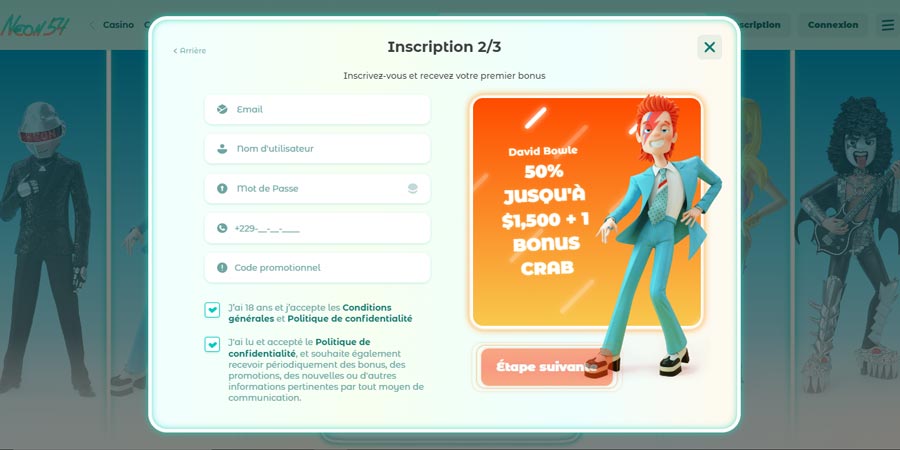 inscription étape 3 sur le casino Neon54