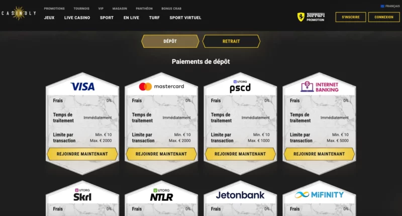 dépôt d'argent sur Casinoly