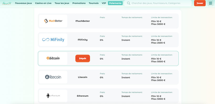 les options de paiement sur Neon54