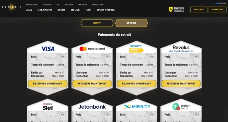 retrait d'argent sur Casinoly