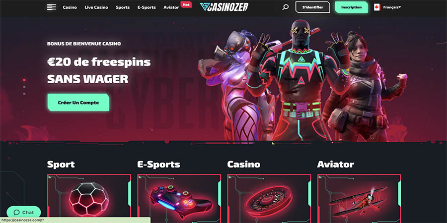 La page d'accueil du casino Casinozer