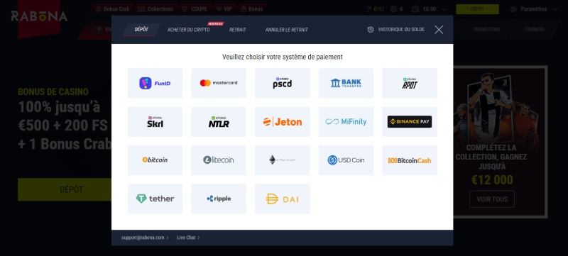 rabona casino la page de dépôt