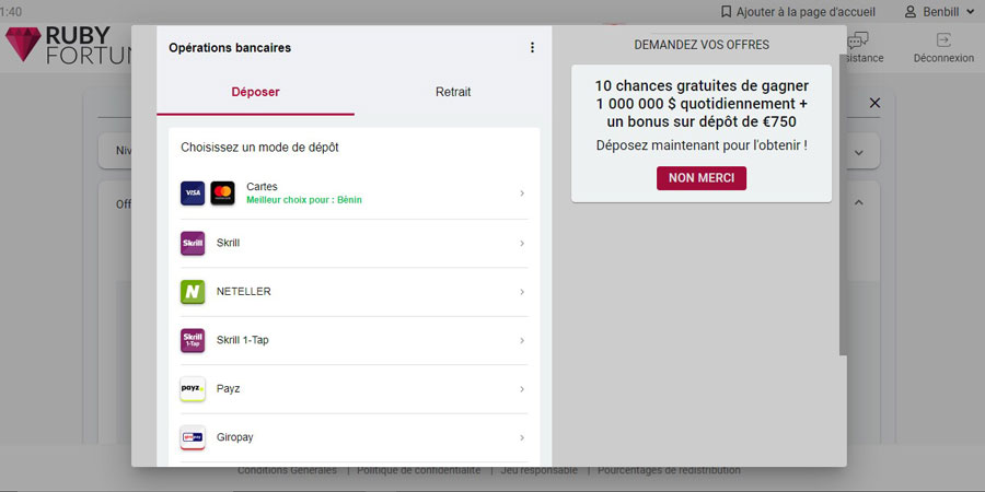 Capture d'écran dépôt Ruby Fortune
