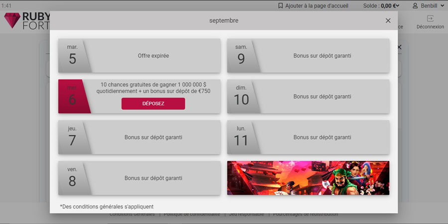 Capture d'écran promotions Ruby Fortune