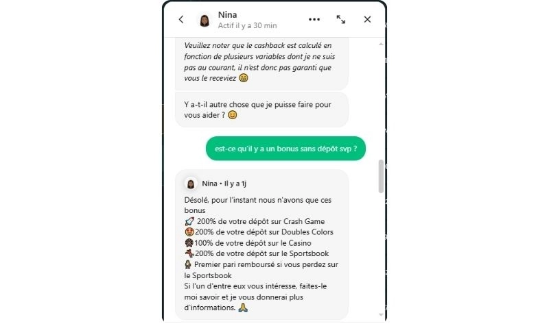 capture decran service clientele sur cbet casino