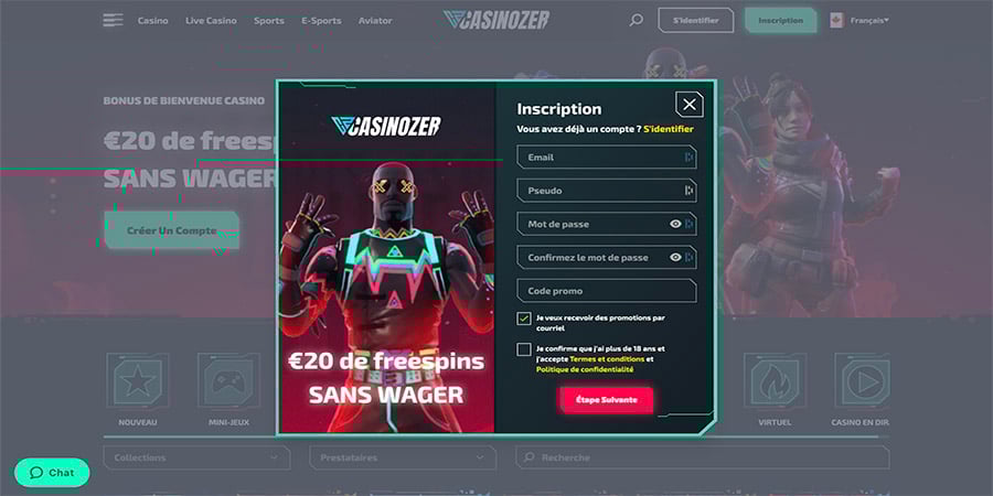 inscription sur casinozer étape 2