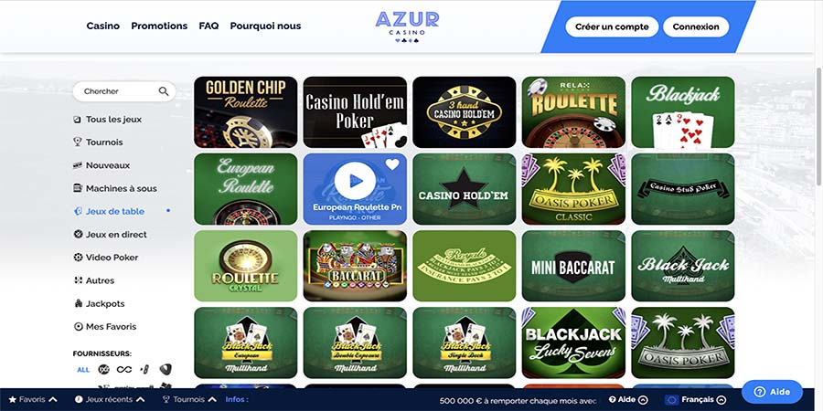 jeux de table sur azur casino