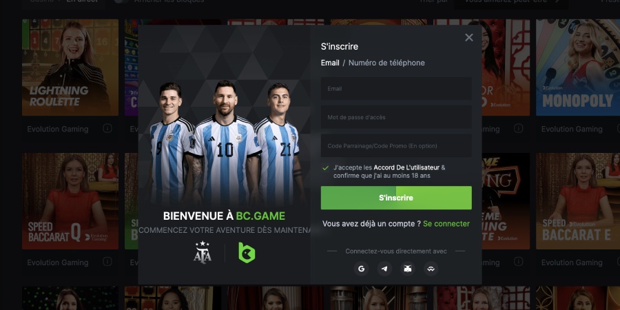 Capture d'écran formulaire inscription BC.Game