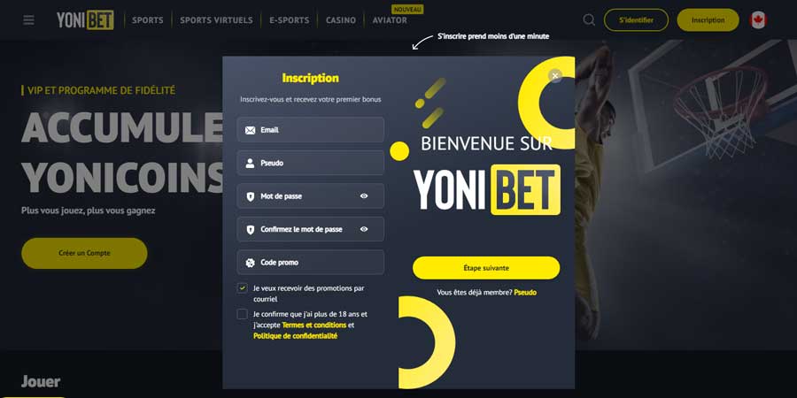 yonibet casino le processus d'nscription