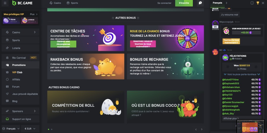 Capture d'écran des promotions sur BC.Game