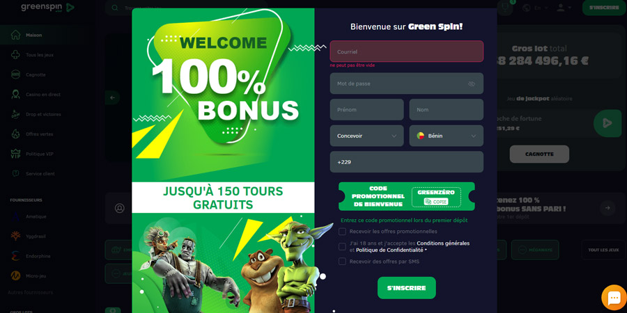 iInscription déconseillée sur greenspin casino