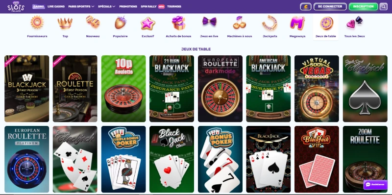 une vaste sélection de jeux de table slots palace