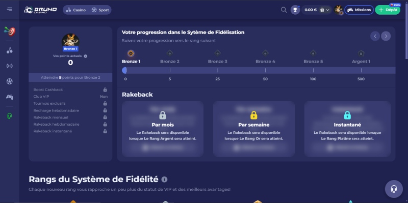 la progression dans le système de fidélisation bruno casino